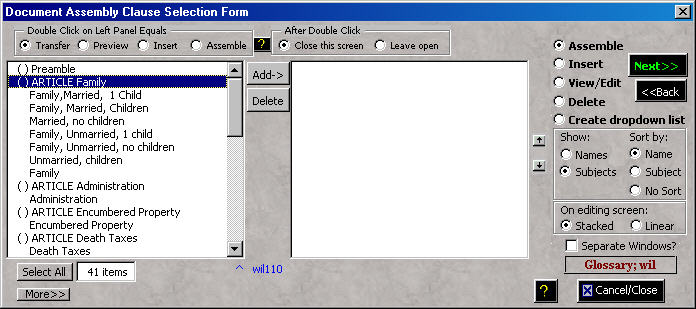 Clause Selection Screen
