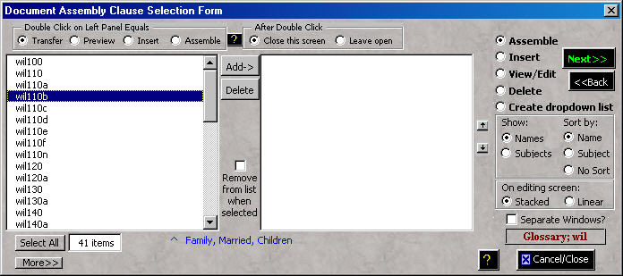 Clause Selection Screen